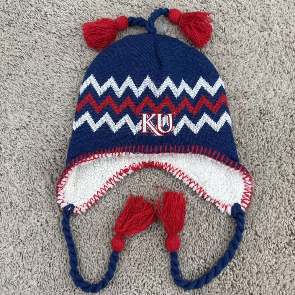 Kansas‎ Jayhawks Beanie Zephyr Alpine Tassel Blue Red Zig Zag Knit Hat Ear Flaps